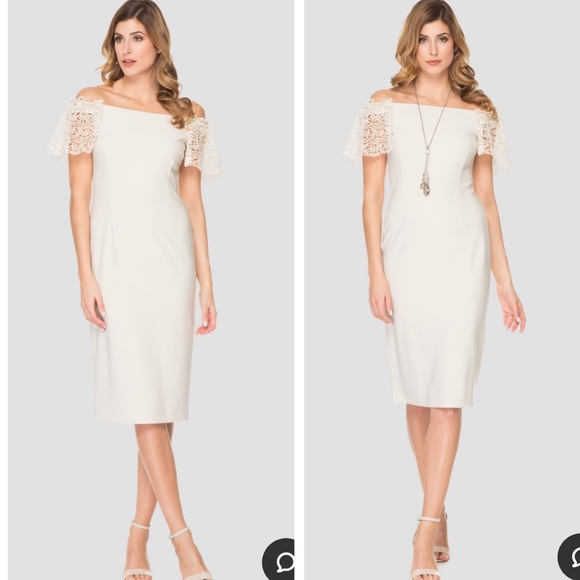 Joseph Ribkoff Off-Shoulder Lace Sleeve Sheath Dress Cream SZ 10 - Picture 16 of 16